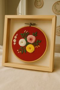 Handmade floral embroidery hoop with rose and daisy flowers on red fabric- handcrafted decor piece