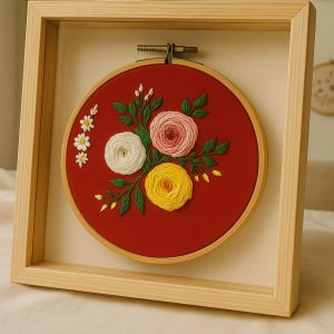 Handmade floral embroidery hoop with rose and daisy flowers on red fabric- handcrafted decor piece