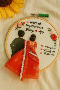 Handmade couple portrait embroidery with outfits and anniversary dates- customized hoop art.