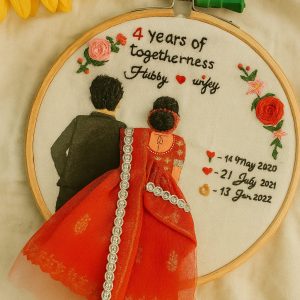 Handmade couple portrait embroidery with outfits and anniversary dates- customized hoop art.
