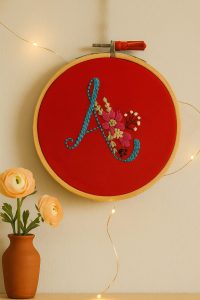 Handmade embroidery design featuring letter A initial with floral patterns on a round hoop