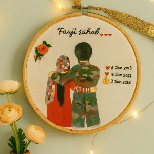 Custom couple handmade embroidery designs featuring a fauji groom and bride with floral details and dates